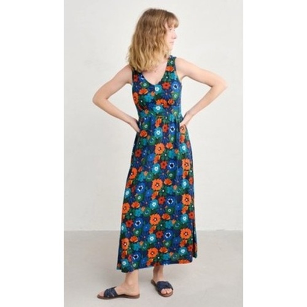 Seasalt Cornwall Floral Maxi Dress Womens 4 Blue Orange Sleeveless Casual Boho